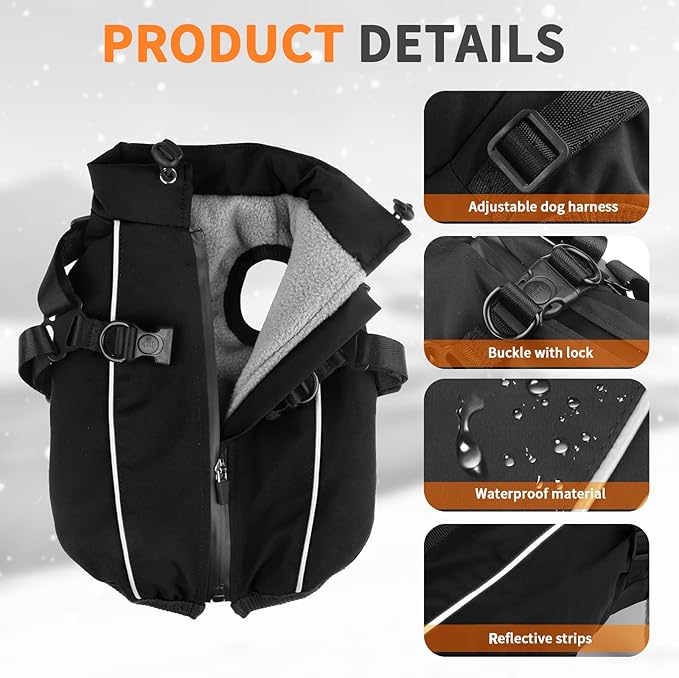 Dog Winter Coat Reflective Water-Resistant Jacket, Fleece Lined Windproof Puppy Coat with Back Zipper & D-Ring, Cold Weather Dog Coats for Small Medium Large Dogs (L, Black)