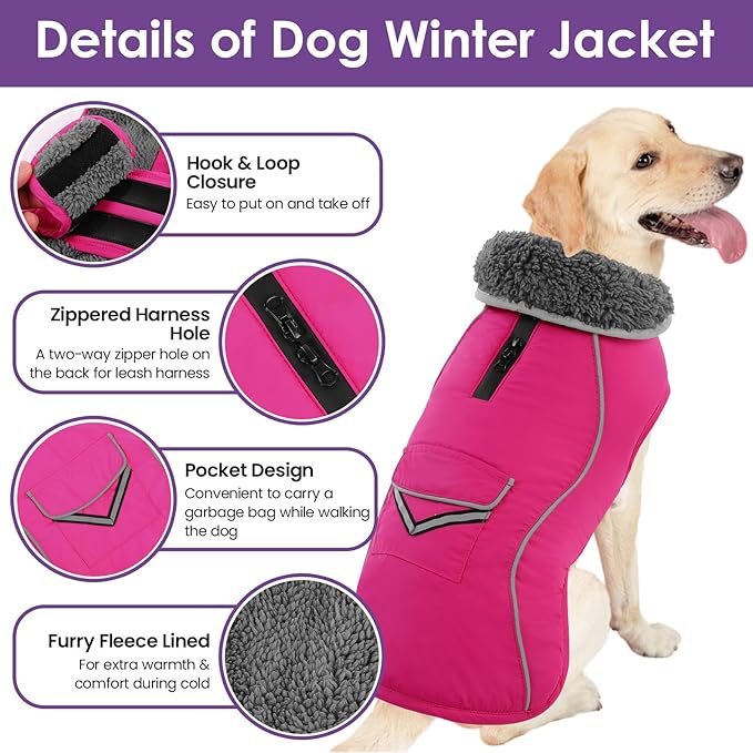 SUNFURA Small Dog Coat, Warm Dog Winter Jacket, Reflective Pet Snow Jacket with Fleece Lined, Waterproof Puppy Snowsuit Pet Sweater Clothes for Small Dogs, Hot Pink XS