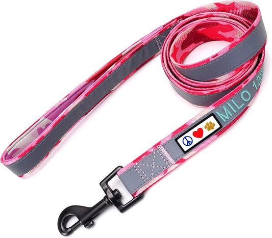 Pawtitas Personalized Dog Leash Embroidered Customize Your Pet Name & Phone Number Puppy Reflective 6 ft Long Small Camouflage Pink Custom Tag Name, Pink Camo