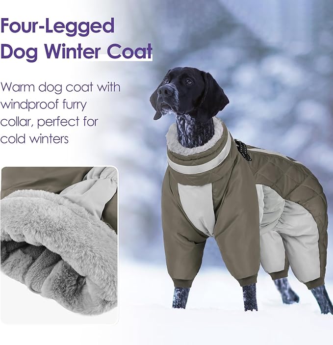 SUNFURA Full Body Dog Coat - Warm Fleece Jacket for Extra Large Dogs, Turtleneck Winter Coats with Harness, Reflective Dog Snowsuit Windproof Puffer Jackets with Legs for Great Dane, Army Green 3XL