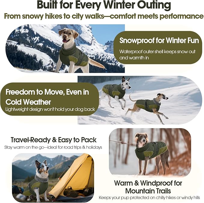 QBLEEV Warm Dog Jacket - Reflective, Adjustable Winter Coat with Turtleneck for Cold Weather, Waterproof Fleece Snowsuit for Small, Medium, Large Dogs