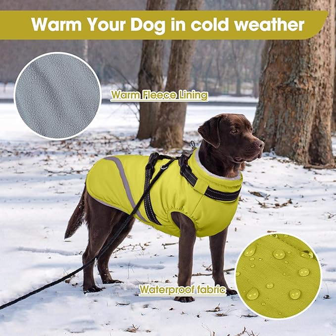 BRKURLEG Dog Winter Jackets for Small Dogs, Dog Coat with Harness Built in, Dogs Snowsuits with Zipper, Waterproof Windproof Pet Puffer Jacket Fleece Vest for Chihuahua, Yorkie, Green XS