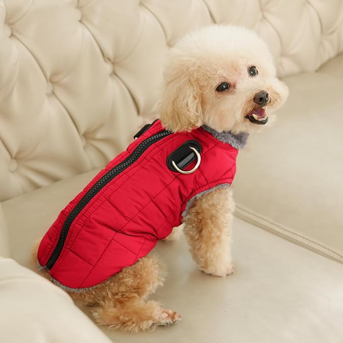 Warm Fleece Dog Coats with Durable Harness Buitl in D-Ring,Waterproof Doggie Jacket for Large Dogs,Dog Vest for Cold Winter,Red XXXL