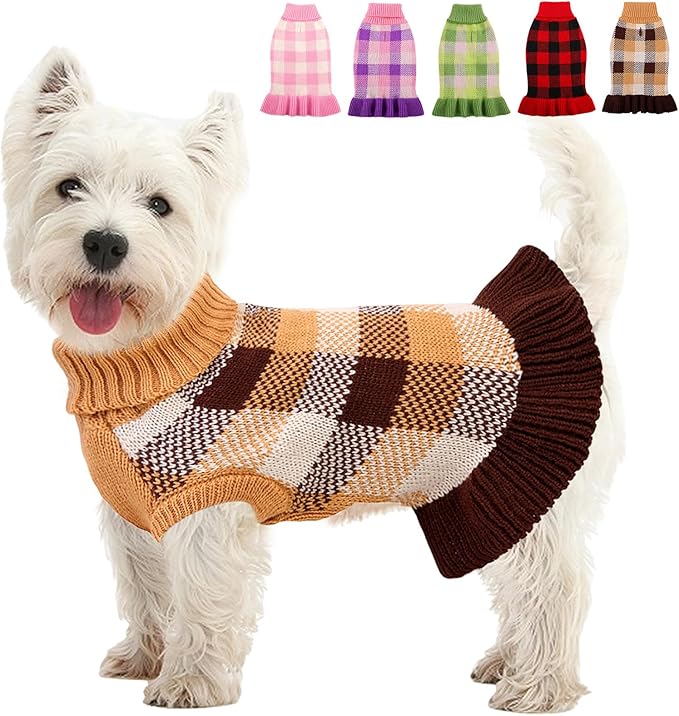 Dog Sweater Dress Plaid Knitwear for Small Medium Dogs Warm Puppy Pet Turtleneck Stretch Pullover Cute Fall Winter Vest Clothes with Leash Hole for Christmas (Coffee, L)