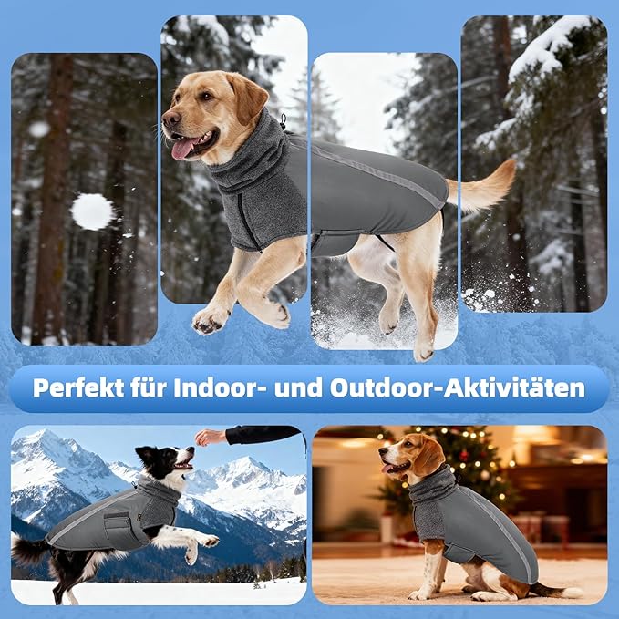 SlowTon Winter Dog Coat, Warm Polar Fleece Lining Doggie Outdoor Jacket with Turtleneck Scarf Reflective Stripe Adjustable Waterproof Windproof Puppy Vest Soft Pet Outfits (XL,Grey)