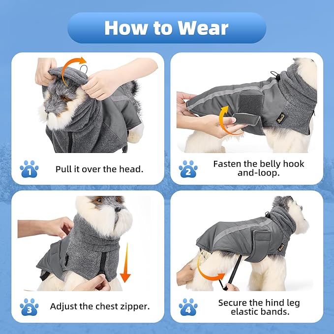 SlowTon Winter Dog Coat, Warm Polar Fleece Lining Doggie Outdoor Jacket with Turtleneck Scarf Reflective Stripe Adjustable Waterproof Windproof Puppy Vest Soft Pet Outfits (L+,Grey)