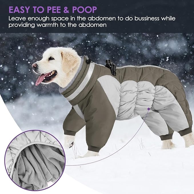 SUNFURA Full Body Dog Coat - Warm Fleece Jacket for Medium Dogs, Turtleneck Winter Coats with Harness, Reflective Dog Snowsuit Windproof Puffer Jackets with Legs for Boston Terrier, Army Green M