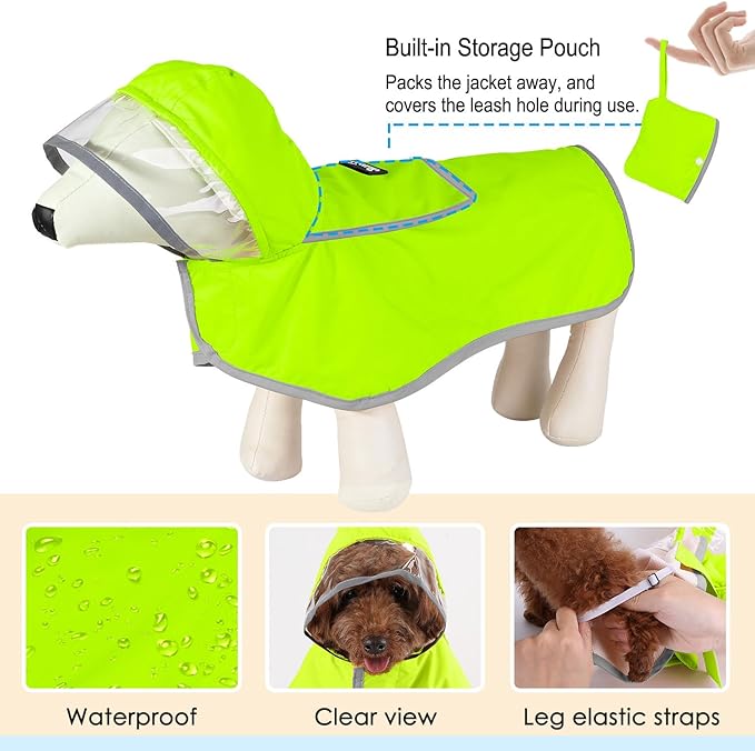 Lukovee Dog Raincoat, Adjustable Dog Rain Jacket with Clear Hooded Double Layer for Large Medium Small Dogs Puppies, Waterproof Rain Coat Poncho with Reflective Storage Pocket & Rim (Green,XXXL)