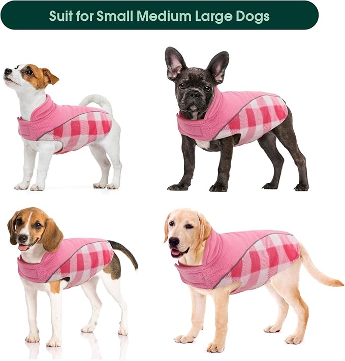 Kuoser Dog Winter Coat, Reversible Waterproof Dog Jacket with Reflective Strip, Warm Dogs Fleece Vest Adjustable Doggy Cold Weather Clothes Plaid Christmas Outfit Pet Apparel for Medium Dogs, Pink M