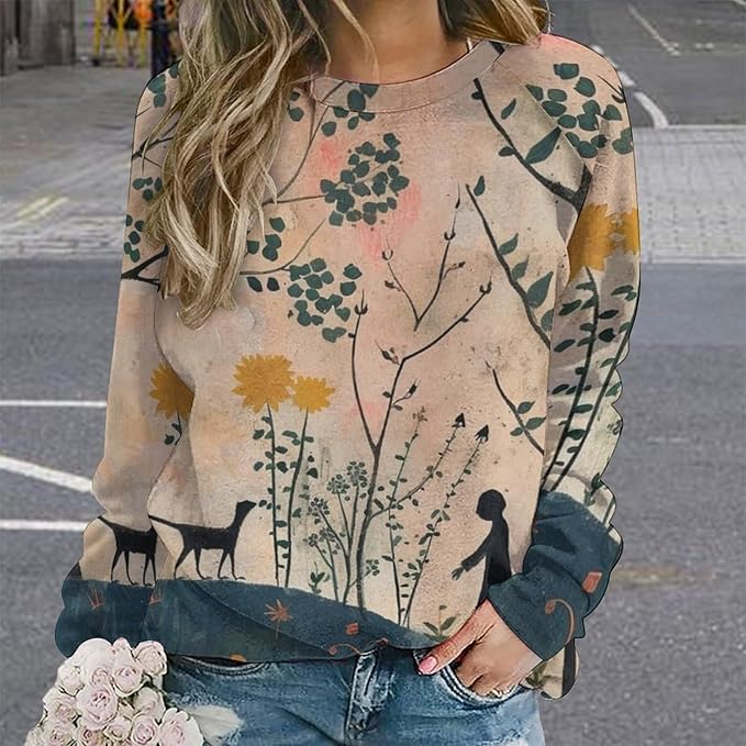 Long Sleeve Shirts for Women Cat Oil Painting Shirt 3D Graphic Sweatshirts Fall Pullover Crewneck Vintage Boho Tops