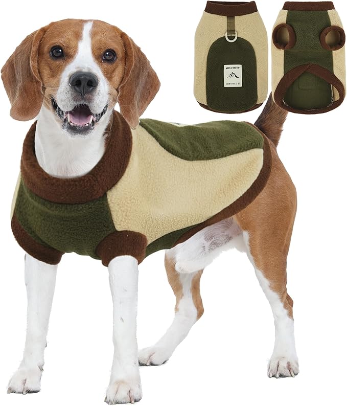 2XL Fleece Dog Vest Sweater, Soft & Warm, Leash Ring Winter,Warm Dog Clothes for Medium Pets,Cold Weather Pullover Vest for Beagle,Machine Washable,Army Green,Size 2XL