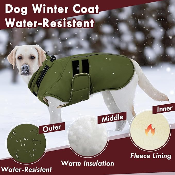 Dog Coats for Extra Large Dogs Winter Waterproof Jacket with Harness Reflective Adjustable Hook&Loop Snowsuit for Cold Weather, Warm Snow Jackets for Dogs Great Dane Saint Bernard, 5XL Green
