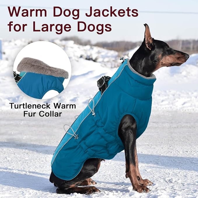 Dog Winter Jacket - XX Large, Warm Zip Up Snowsuit Dog Harness Vest, Reflective, Water-Resistant, Green