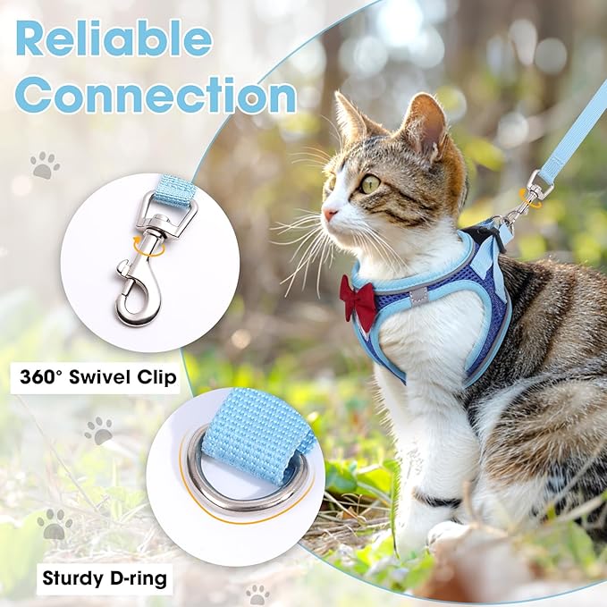 Cat Vest Harness and Leash Set for Walking, Escape Proof, Adjustable Kitten Harness Breathable Mesh with Reflective Strips, Detective Conan-Inspired Design with Glasses and Bow, Blue, L