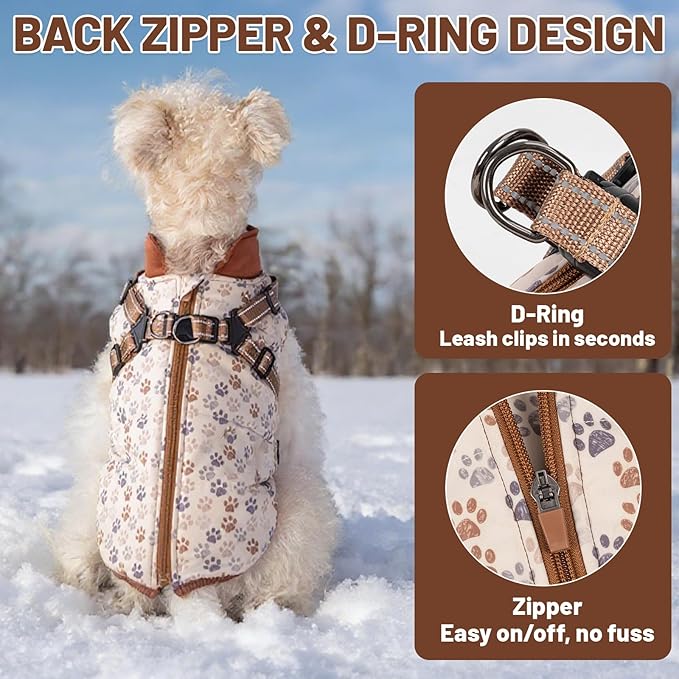 Dog Winter Coat for Small & Medium Dogs (Up to 32lb), Waterproof Dog Coat with Harness, Puppies Windproof Puppy Puffer Jacket, Snowsuit for Dachshund,Frenchie, Corgi (Paw Brown, Small)
