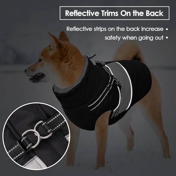 SUNFURA Dog Coat for Large Dogs, Warm Pet Jacket Winter with Harness Built in, Waterproof Pet Snow Jacket with Furry Collar, Reflective Fleece Snowsuit for Extra Large Dogs, Black XL