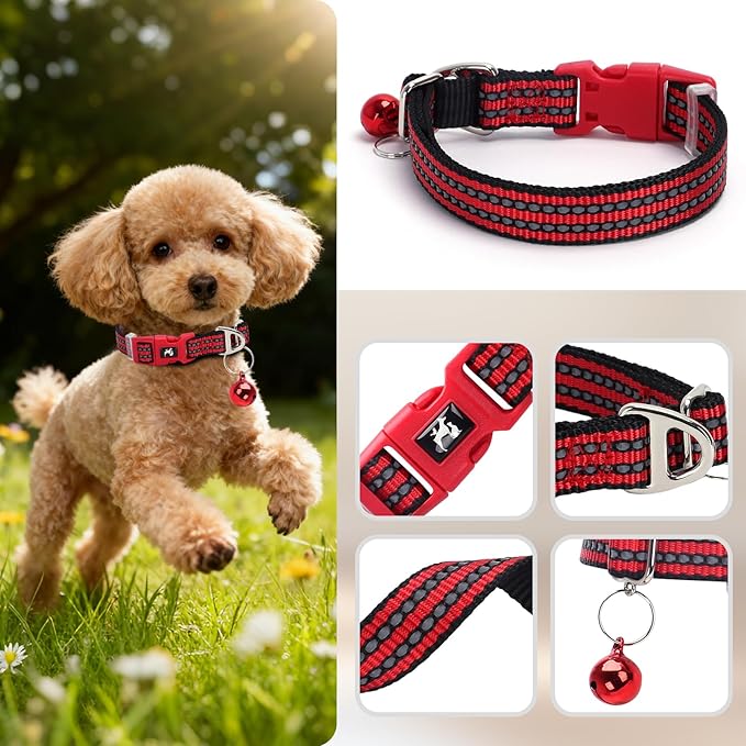 Small Dog Collar with Bell - Cute Reflective Puppy Collar Gift for Girl, Adjustable Nylon Collar for Chihuahua Pomeranian Nighttime Safety (Red S)