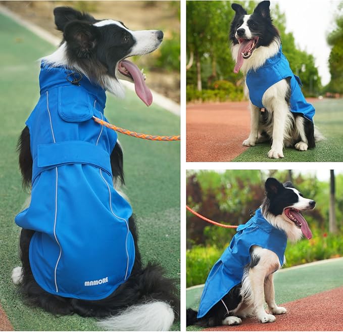 Waterproof Dog Raincoat, Adjustable Lightweight Dog Rain Jacket with Reflective Strip Leash Hole for Small Medium Large Dogs (Blue, XX-Large(55-77lb))