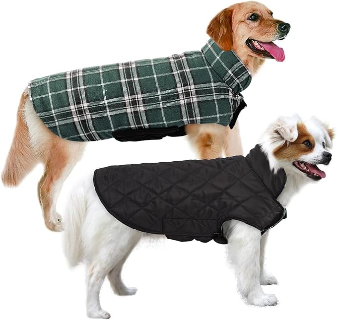 MIGOHI Reversible Winter Jacket for Dogs, Windproof Waterproof Coat for Cold Weather, British Style Plaid Warm Vest for Small Medium Large Dogs, Green 3XL