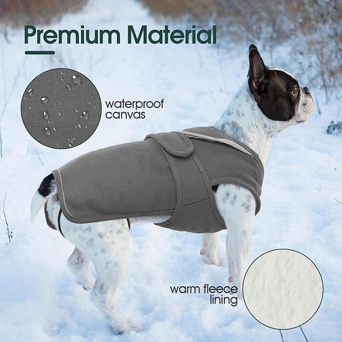 Kuoser Canvas Dog Coat, Warm Dog Jacket Reflective Fleece Pet Cold Weather Coat, Warm Doggie Clothes Waterproof Winter Vest with Zipper Leash Hole for Small Medium Large Dogs, Grey 2XL