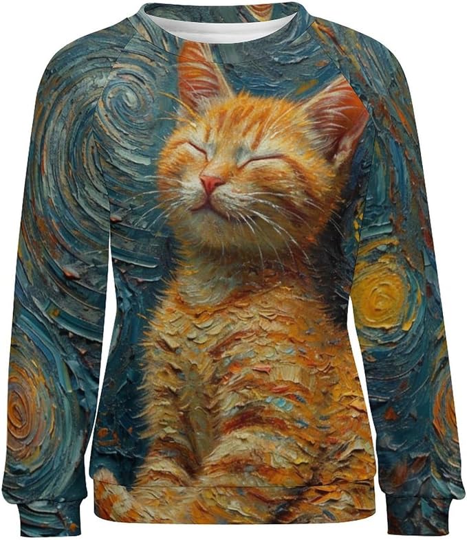 Long Sleeve Shirts for Women Cat Oil Painting Shirt 3D Graphic Sweatshirts Fall Pullover Crewneck Vintage Boho Tops