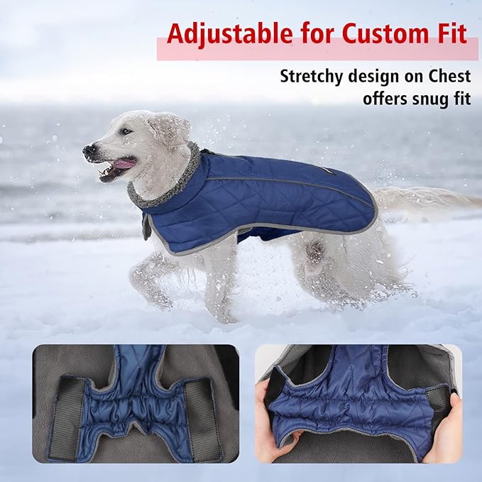 Fragralley Dog Coat Medium, Waterproof Dog Jacket with Warm Fleece Lining, Adjustable Reflective Dogs Winter Coat, Turtleneck Pet Coats for Cold Weather (Blue M)