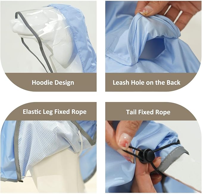 MAMORE Dog Raincoat Waterproof, Lightweight Adjustable Dog Rain Coat Hooded Poncho with Reflective Strip for Large Medium Small Dogs(Light Blue, X-Large)