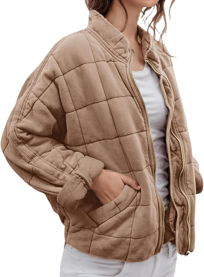 LIZALIG Warm Padded Coat for Women Full Zip Quilted Jackets Winter Oversized Causal Solid Color Stand Collar Pockets Coat
