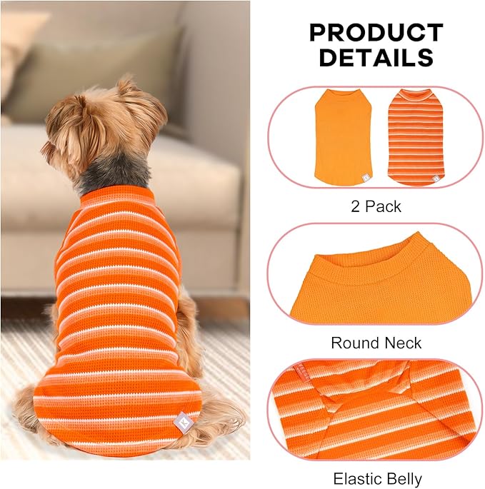KYEESE 2Pack Waffle Dog Shirts for Small Dogs Stretchy T-Shirts Lightweight Tank Top Sleeveless Striped Shirt Vest Breathable Cat Shirt, Medium, Orange+Striped