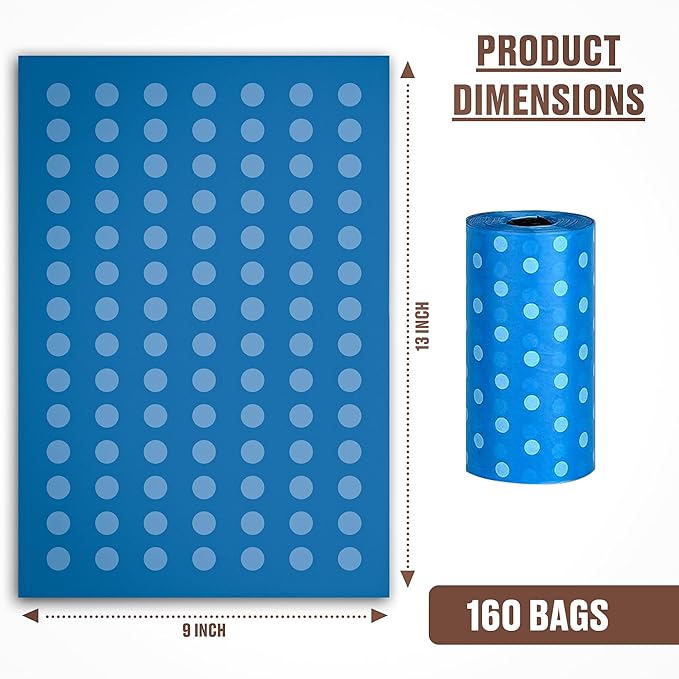 Parisian Pet Ecofriendly Dog Poop Bags Rolls - 160 Count Unscented Poop Bags For Dogs - Leakproof, Extra Thick, 8 Dog Waste Bags Refill Rolls - Polka Dot Blue Doggie Poop Bags - Fits All Dispenser