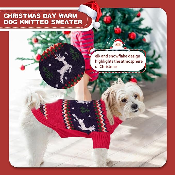 Queenmore Christmas Dog Sweater - Knitted Pullover Turtleneck Outfit, Warm Clothes for Small Dogs Boys or Girls L