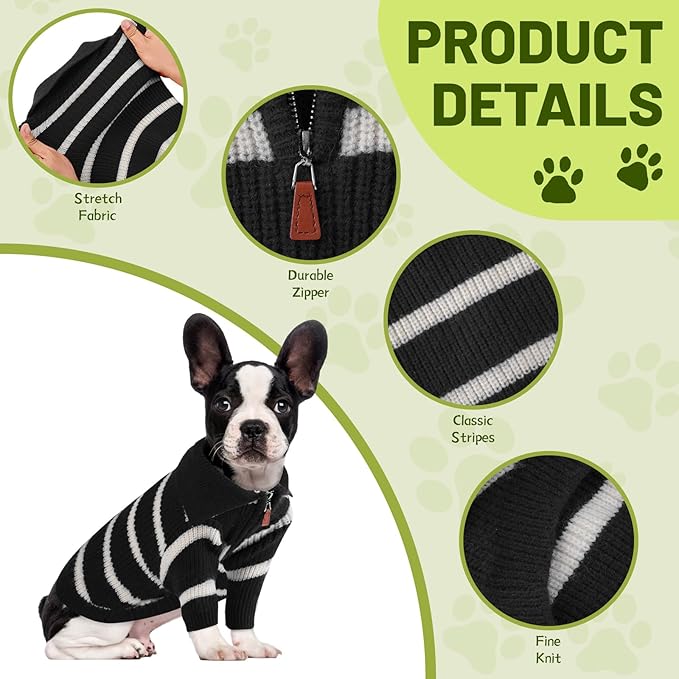 Small Dog Sweater with Zipper, Knitted Striped Pullover Dog Clothes for Cold Weather, Thick Warm Cozy Stretchy Sweater for Chihuahua, Bulldog, Dachshund, Pug(Black & White Strip, XXL)