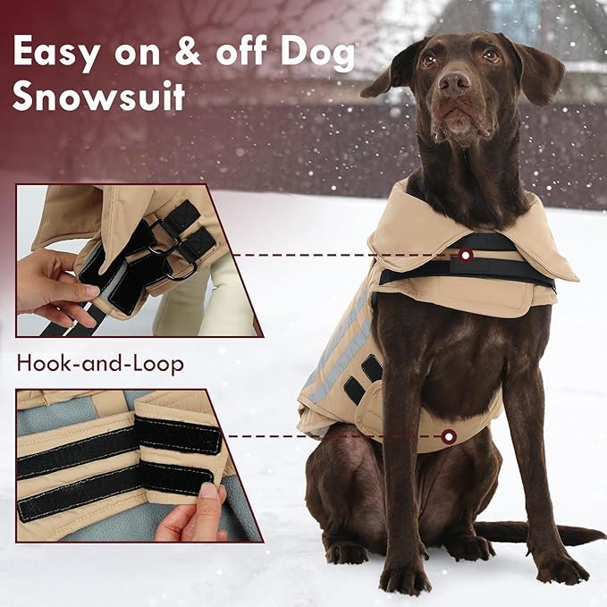 Dog Coats for Medium Dogs Waterproof Warm Winter Jacket with Leash Hole Reflective Turtleneck Fleece Snowsuit Hook & Loop Snow Jackets for Dogs, Khaki M