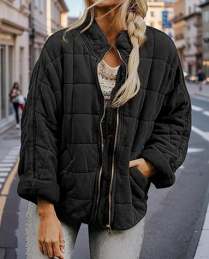 LIZALIG Warm Padded Coat for Women Full Zip Quilted Jackets Winter Oversized Causal Solid Color Stand Collar Pockets Coat