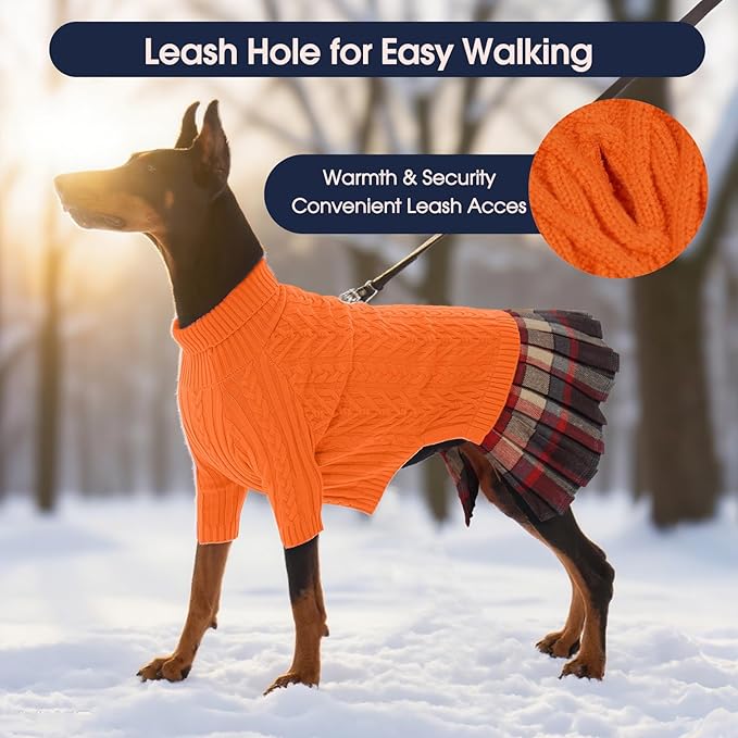 IECOii Big Girl Dog Sweater Dress, Cable Knit Sweater for Extra Large Dogs Girl, Orange, 4XL, Cute Dog Warm Dress for Fall Winter, Good Stretcy Fit Knitwear for Giant Breed Dogs Female Indoor Outdoor
