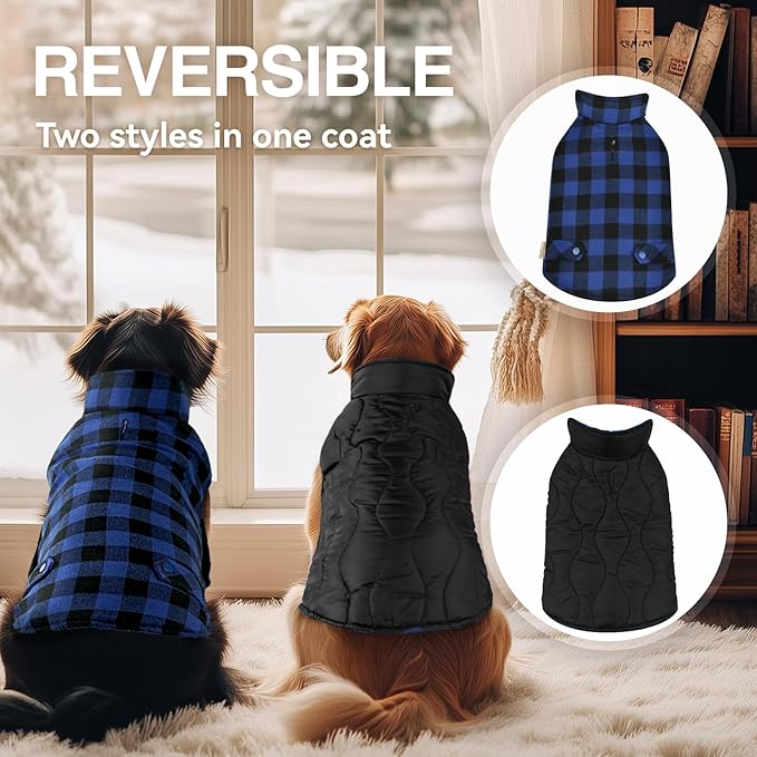 VIVAGLORY Softjoy Dog Coat, Dog Jacket for Winter & Christmas, Coat with Harness Hole & Velcro Closure, Reversible Plaid Checkered Warm Fluffy Heavy Duty for Puppy, M, Sapphire Blue Plaid