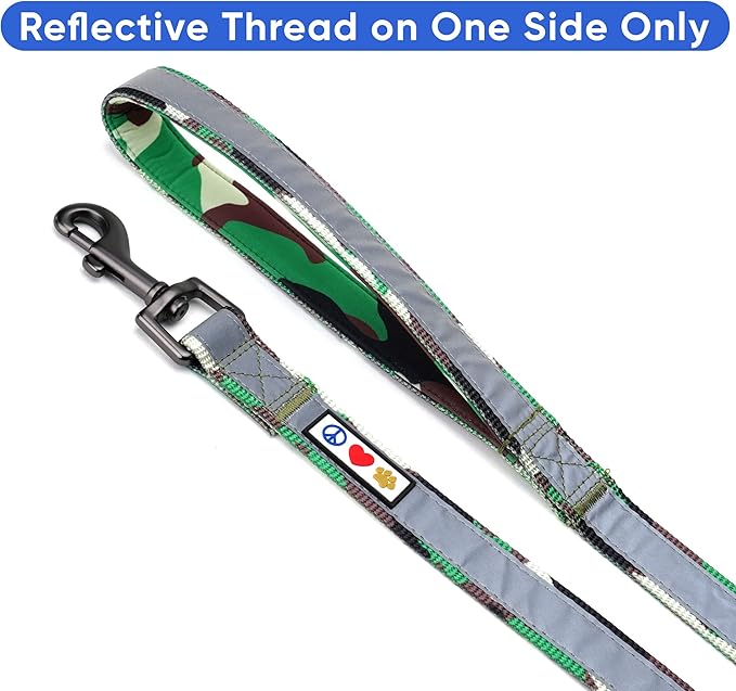 Pawtitas 6 FT Padded Dog Leash with Comfortable Neoprene Padding Handle - Camo Green Lead | Medium Reflective Dog Leash with Highly Reflective Band Perfect for Medium and Large Dogs and Puppies.