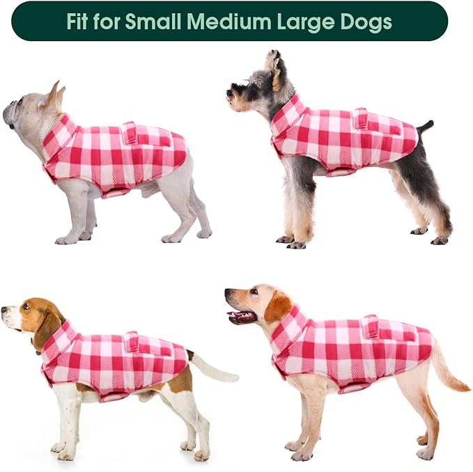 Kuoser Dog Winter Coat, Windproof Dog Fleece Jacket British Style Plaid Cold Weather Doggie Vest Coats, Reversible Cozy Warm Pet Clothes Apparel for Large Size Dogs XL