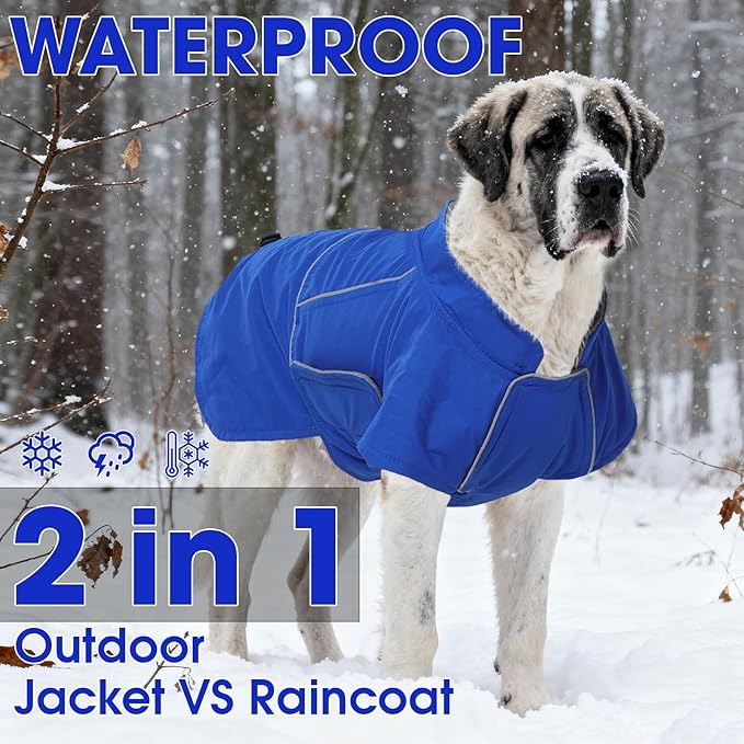 ROZKITCH Dog Coats for Large Dogs, Waterproof Raincoat Jacket Windproof Dog Rain Jacket with Fleece Liner & Leash Hole Elastic Bands for Large, Adjustable Belly Vest for Outdoor Hike Travel Blue 2XL