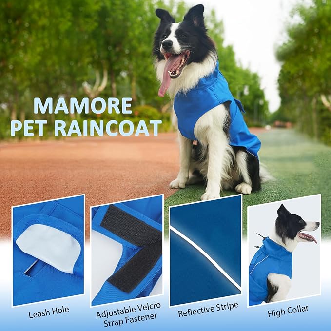 Waterproof Dog Raincoat, Adjustable Lightweight Dog Rain Jacket with Reflective Strip Leash Hole for Small Medium Large Dogs (Blue, Medium(13-22lb))