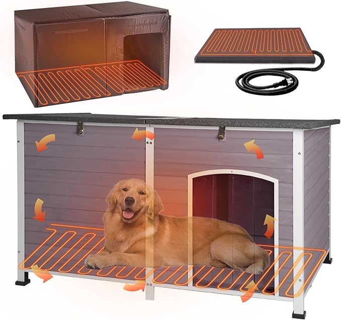 Aivituvin Outdoor Heated Dog House 59" Extra Large Insulated Dog Kennel with Insulation Liner & Heating System for Winter,All-Around Iron Frame Cage,Grey