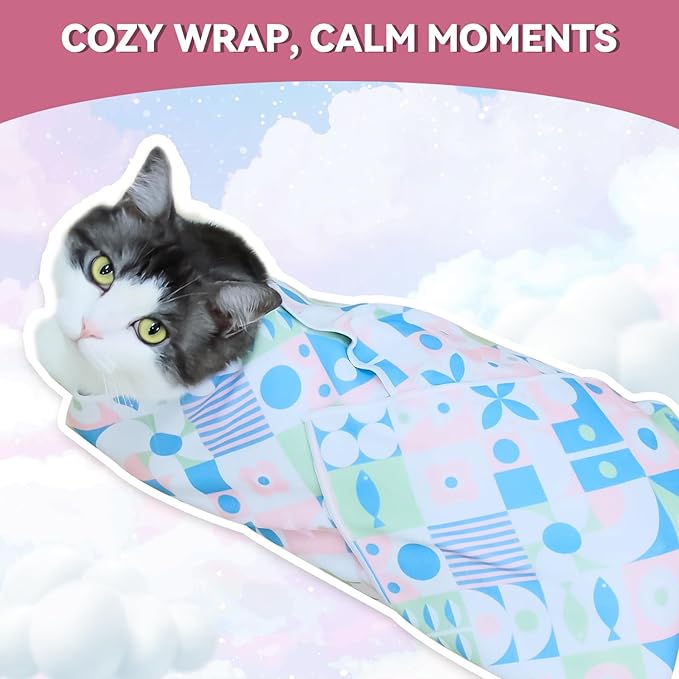 Cat Grooming Wrap for Cutting Nails, 27.6" Anti-Escape Calming Cat Swaddle Wrap for Medicine, Nail Clipping, Teeth Brushing, Ear Cleaning, Self-Adherent Burrito Restraint, (Geometric Fish, L)