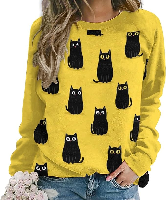 Abstract Cute Cat Shirts for Women Long Sleeve Lady Crewneck Pullover Sweatshirt Fall Winter Oversized Tops