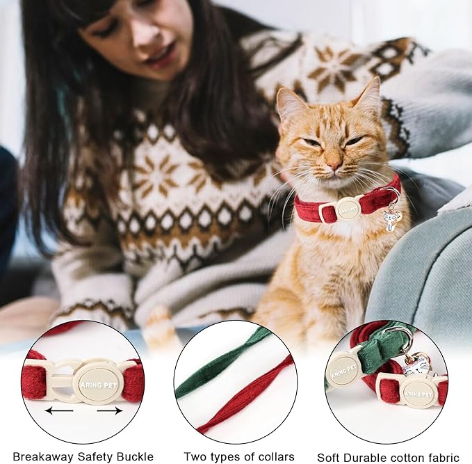 ARING PET 2 Pack Christmas Cat Collars-Cute Breakaway Cat Collar with Bell & Pendant, Adjustable Christmas Kitten Collars with Safety Buckle for Girl and Boy Cats