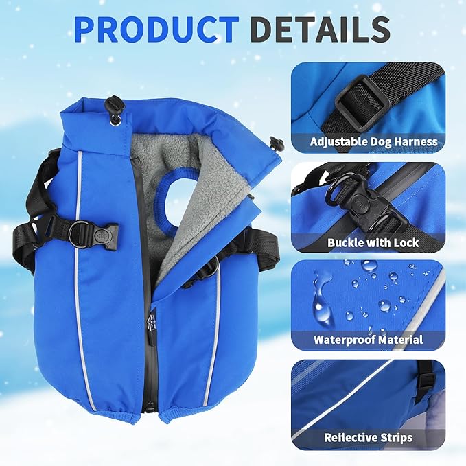 Dog Winter Coat Reflective Water-Resistant Jacket, Fleece Lined Windproof Puppy Coat with Back Zipper & D-Ring, Cold Weather Dog Coats for Small Medium Large Dogs (XL, Blue)