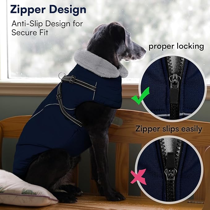 Queenmore Dog Jackets for Large Dogs, Dog Coat with Harness Built in,Waterproof Dogs Coats with Zipper On Back,Warm Fleece Lining Cold Weather Pet Coats with Furry Collar for Labrador,NavyBlue,L