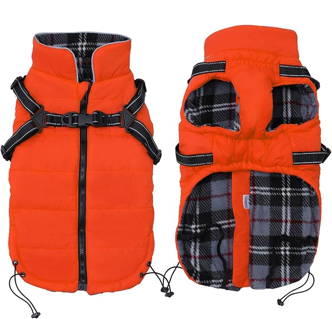 Geyecete Winter Warm Coat Waterproof Dog Winter Jacket with Harness Traction Belt,Pet Outdoor Jacket Dog Autumn and Winter Clothes for Medium, Small Dog-Orange-M