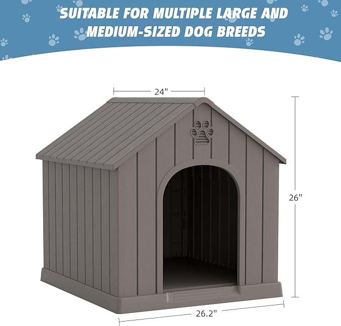 Dog House Outdoor Indoor, Weatherproof Insulated Dog House with Elevated Floor and Air Vents for Small to Medium Dogs,Easy Clean and Assemble (Grey, 26.18''L × 24.02''W × 25.98''H)
