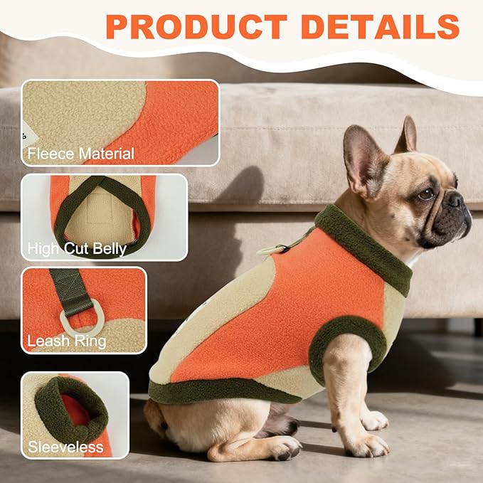 Warm Dog Fleece Sweater, Warm & Soft Vest for Walking,Running,Camping,Hunting,Stretchy & Lightweight, Cold Weather Coats with Leash Ring,Machine Washable,Orange,Size L