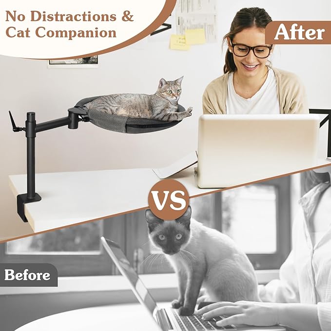 Cat Desk Bed - Sturdy Cat Bed for Desk with 360° Rotating & Adjustable Height, Elevated Cats Nest Perch for Desk, Grey